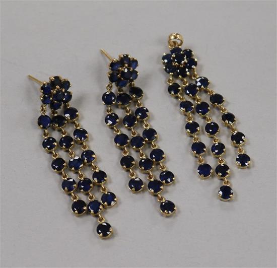 A pair of 14ct gold and multi drop sapphire earrings and matching pendant.